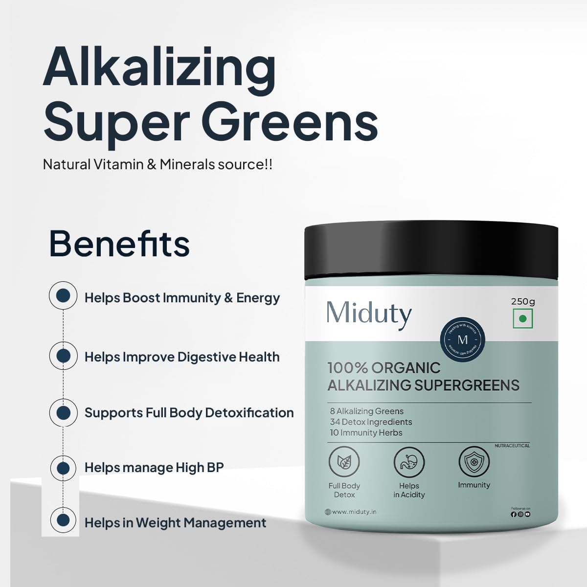 Zephivo Miduty Palak Notes 100% Organic Super Greens Powder Alkalizing with Wheat Grass, Spirulina, Green Tea, and Moringa Leaves - Ultimate Body Detox & Weight Loss Support - 250 grams