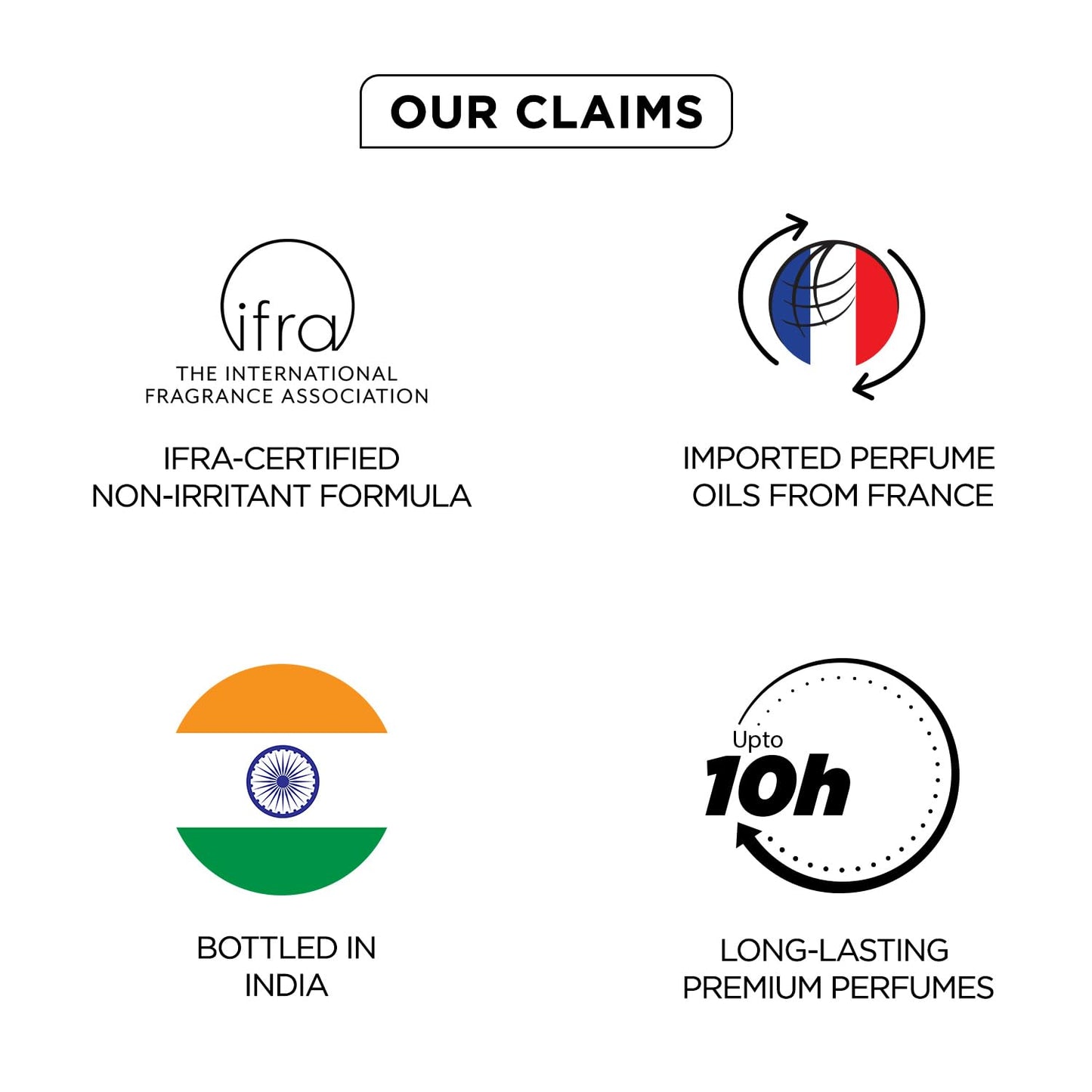 List of product claims with corresponding logos and text on a white background