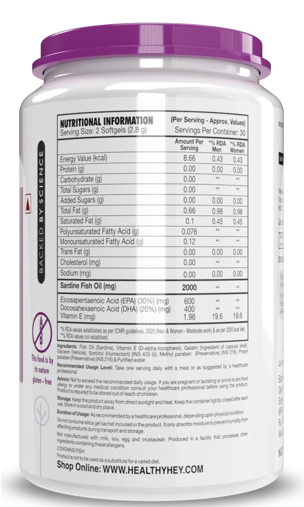 Zephivo HealthyHey Nutrition Fish Oil Omega 3 For Women and Men | Triple Strength Fish Oil | Burpless, EPA 600 - DHA 400 Supplement , 60 Softgel