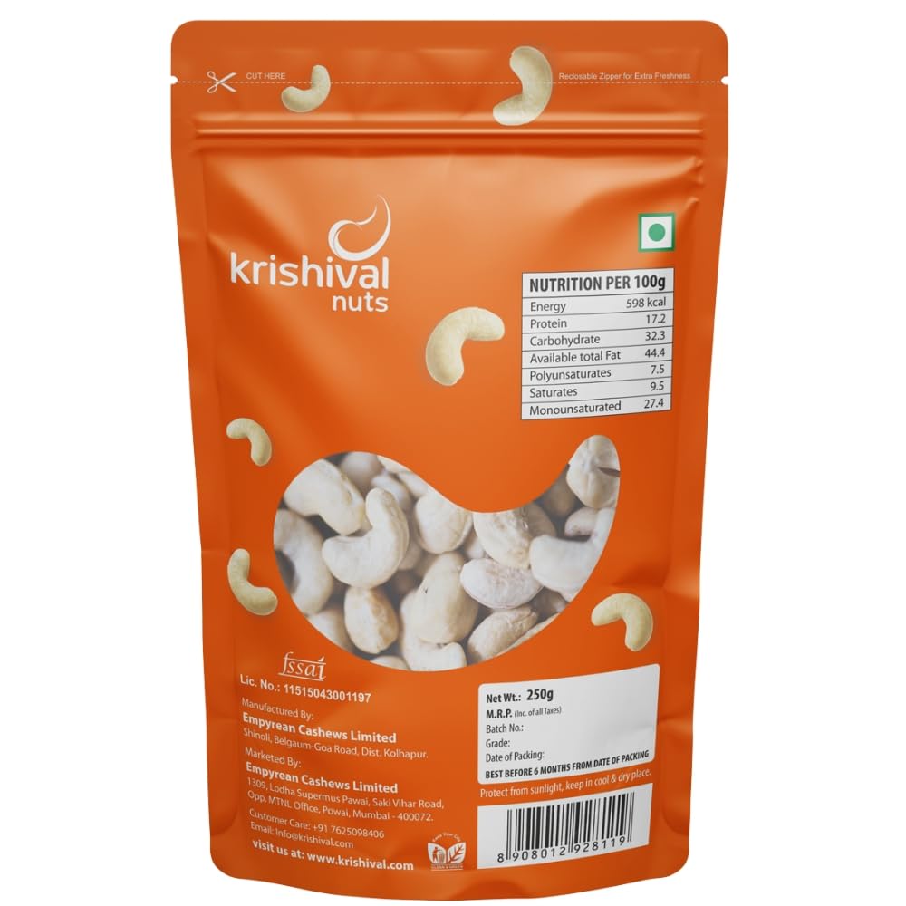 Krishival Nuts Premium Cashews W320 | 100% Natural Whole Cashews | Crunchy, Nutritious & Delicious, Gluten Free & High Protein