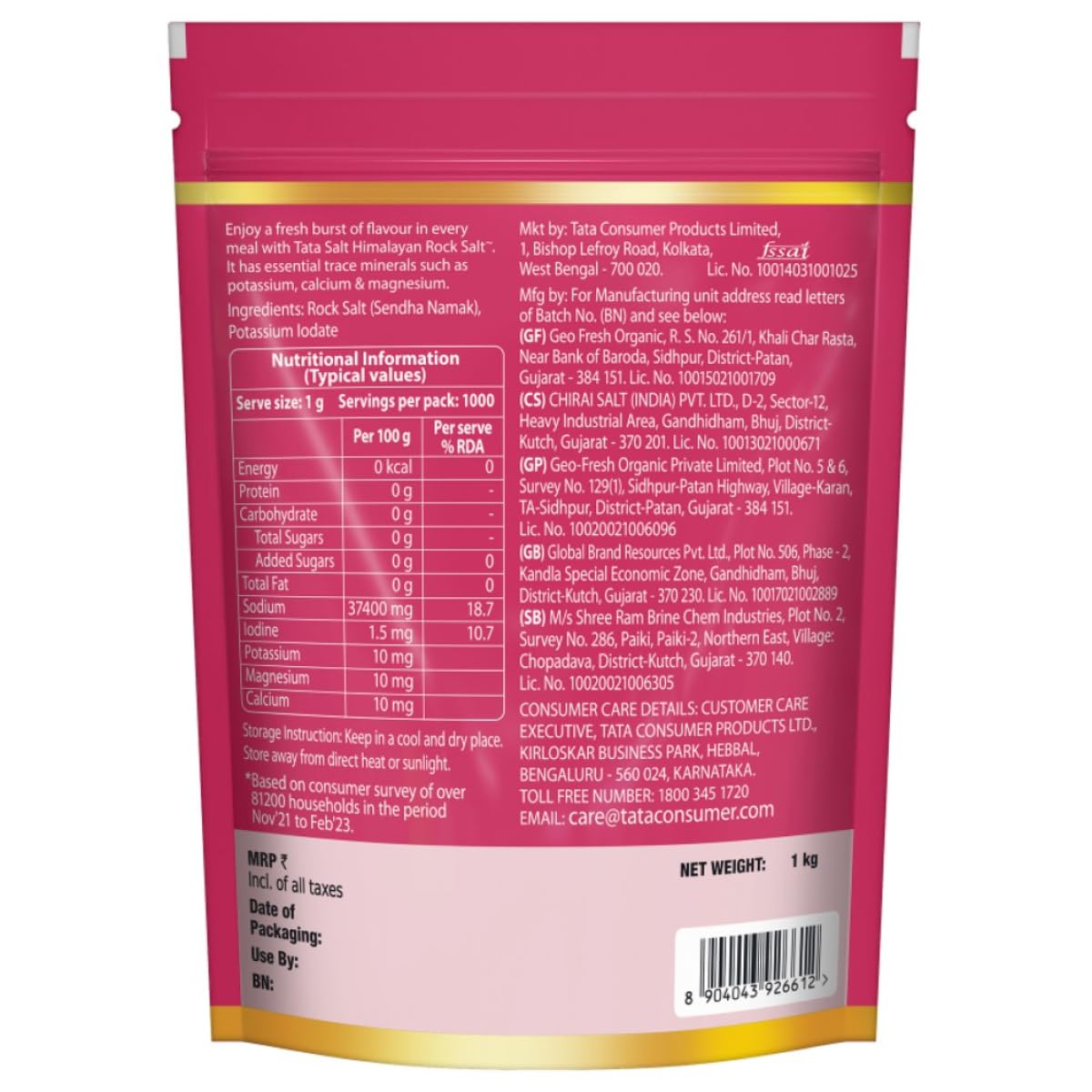 Tata Himalayan Rock Pink Salt, 1kg Pouch, Premium Sendha Namak, With Natural Trace Minerals, Low Sodium, Crystal Salt