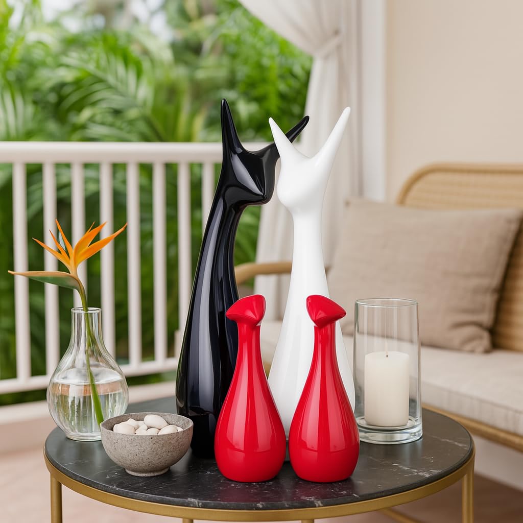 Home Decor Lucky Deer Family Statue Piano Finish Ceramic Figures - (Set of 4, Red Black, White)