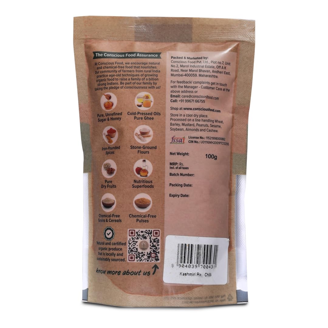 Conscious Food Kashmiri Red Chilli Powder | 200g (100g X 2) | Iron-Pounded | 100% Natural