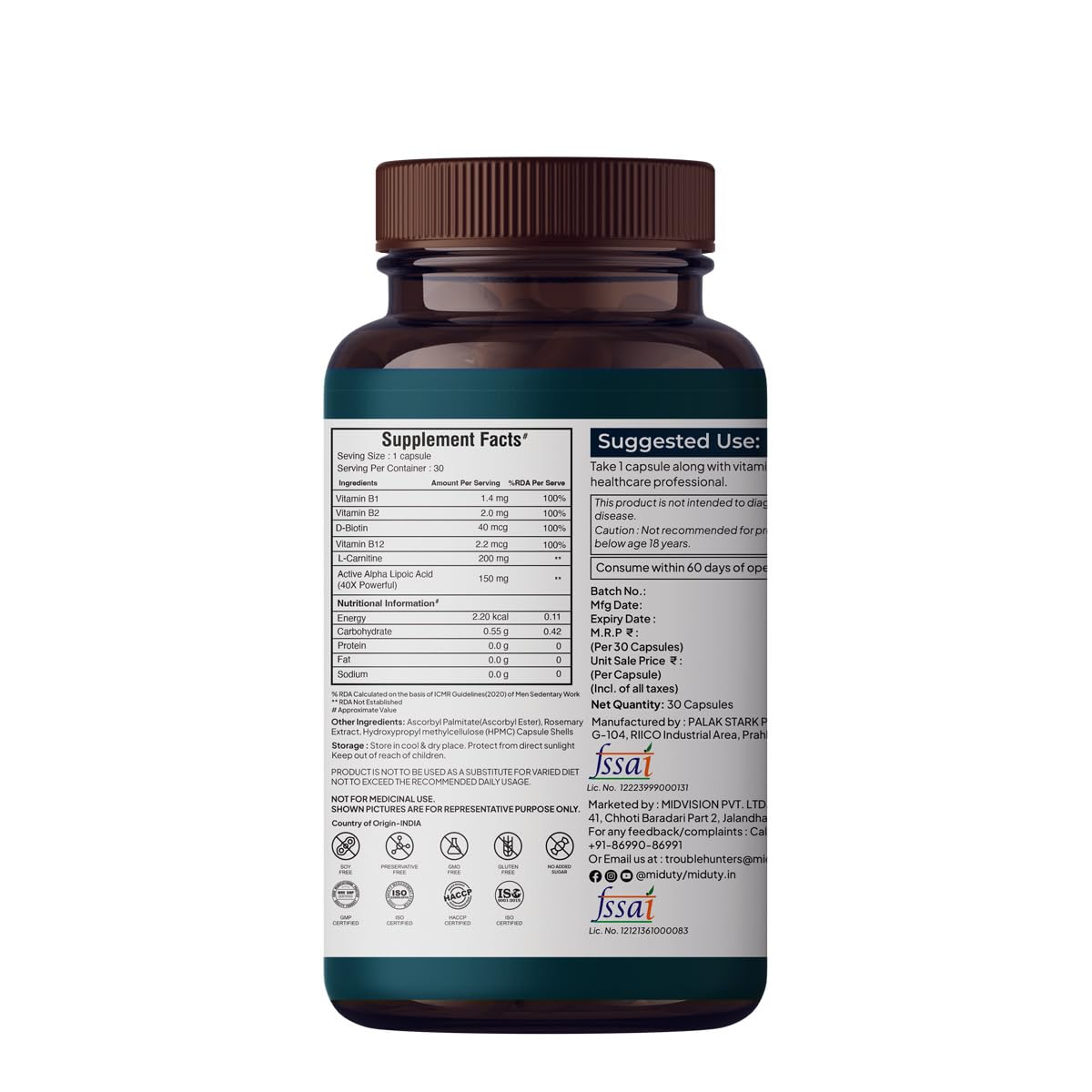 Zephivo Miduty by Palak Notes Nerve Pain Relief Nerve Damage for Nerve Blocks, Acetyl L-Carnitine, R-Lipoic Acid, Horse Chestnut, Combats Sciatica Pain & Tingling Sensation, Nerve Pain Relief Pack - 30 Caps