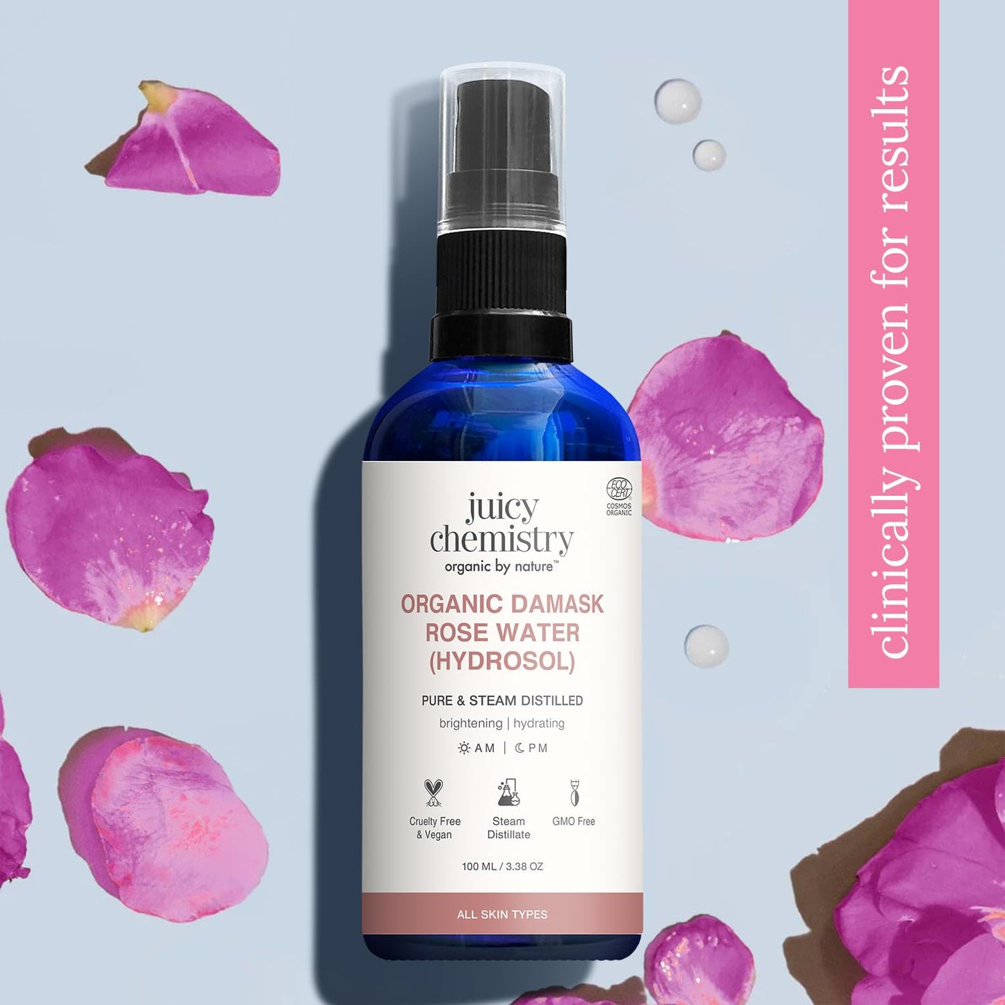Juicy Chemistry Organic Damask Rose Water (Hydrosol), 100 ml | 100% Pure Steam Distilled | Brightens & Promotes Even Skin Tone | Boosts Skin Hydration | Dermatologically Tested | Clinically Proven