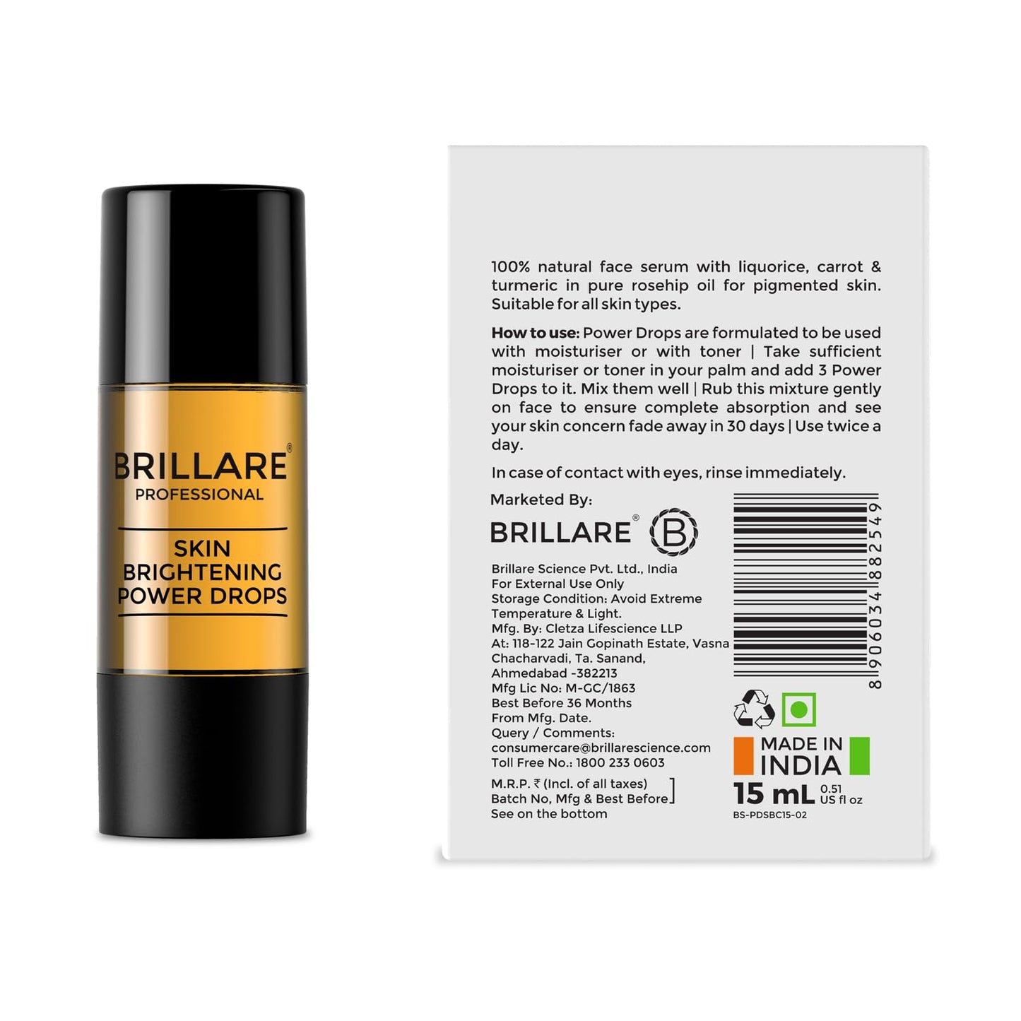 Brillare Professional Skin Brightening Power Drops, 100% Natural Face Serum With Rosehip and Sandalwood (15 ML), Zero Chemicals