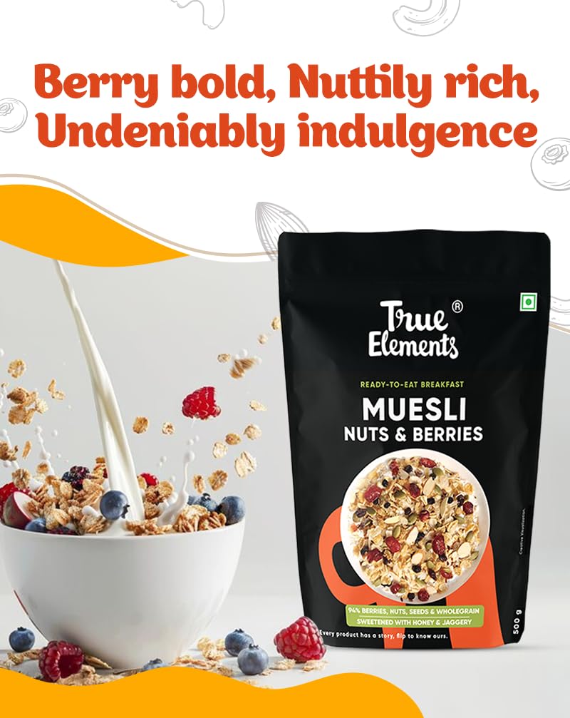 True Elements Crunchy Nuts & Berries Muesli 1kg - With 13g Clean Protein | Almonds, Seeds & Real Cranberries | With Jowar Millets | Crunchy Wholegrain Muesli | No Added Refined Sugar