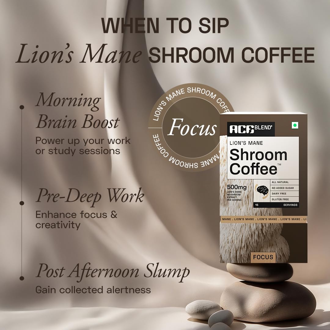 Ace Blend Lions Mane Shroom Coffee (5 Serves) | 500mg Lion's Mane Extract | KSM-66 Ashwagandha | L-Theanine & MCT Powder | Focus | Memory | Cognitive Support | Instant Coffee | Medium Roast Blend