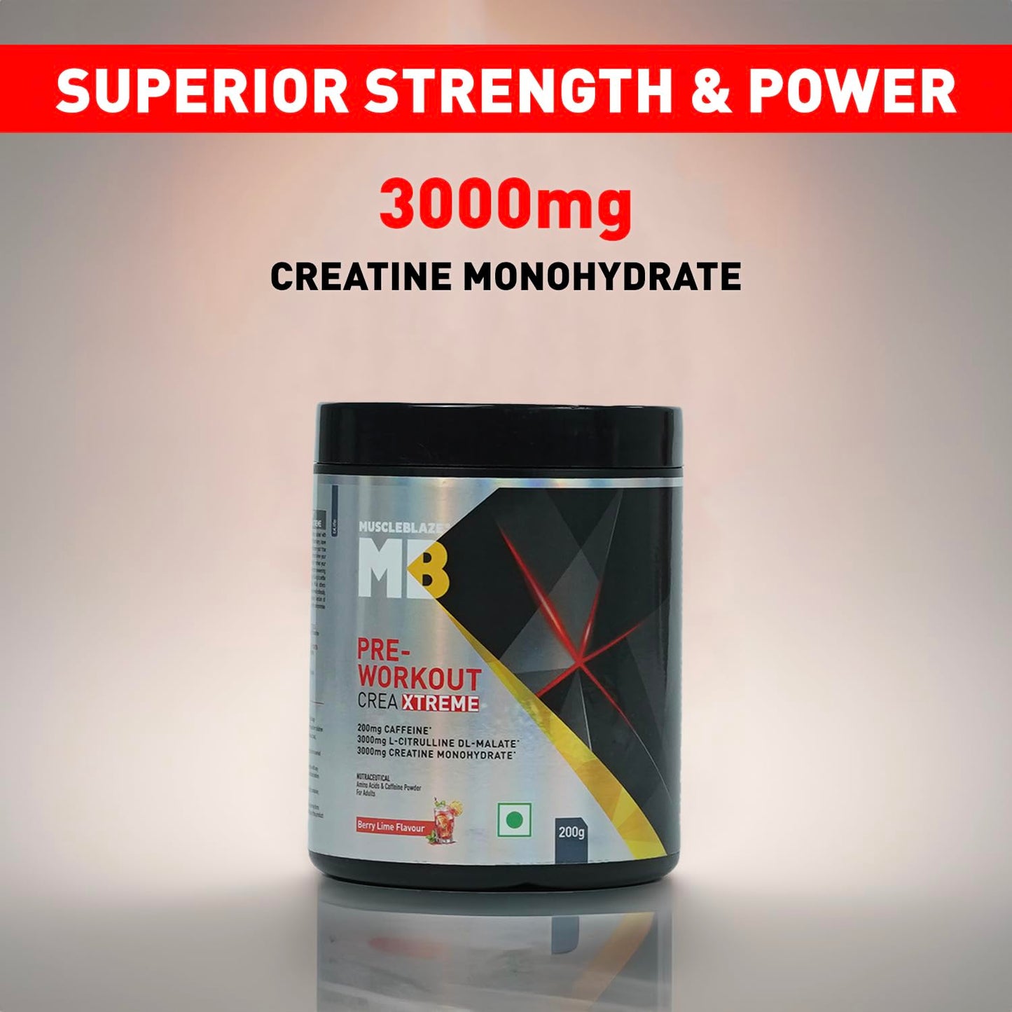 MuscleBlaze Pre Workout Crea-Xtreme (Berry Lime, 200g, 20 Servings) | 3000 mg Creatine Monohydrate, 200mg Caffeine, 200mg Theanine, 2000mg Beta Alanine