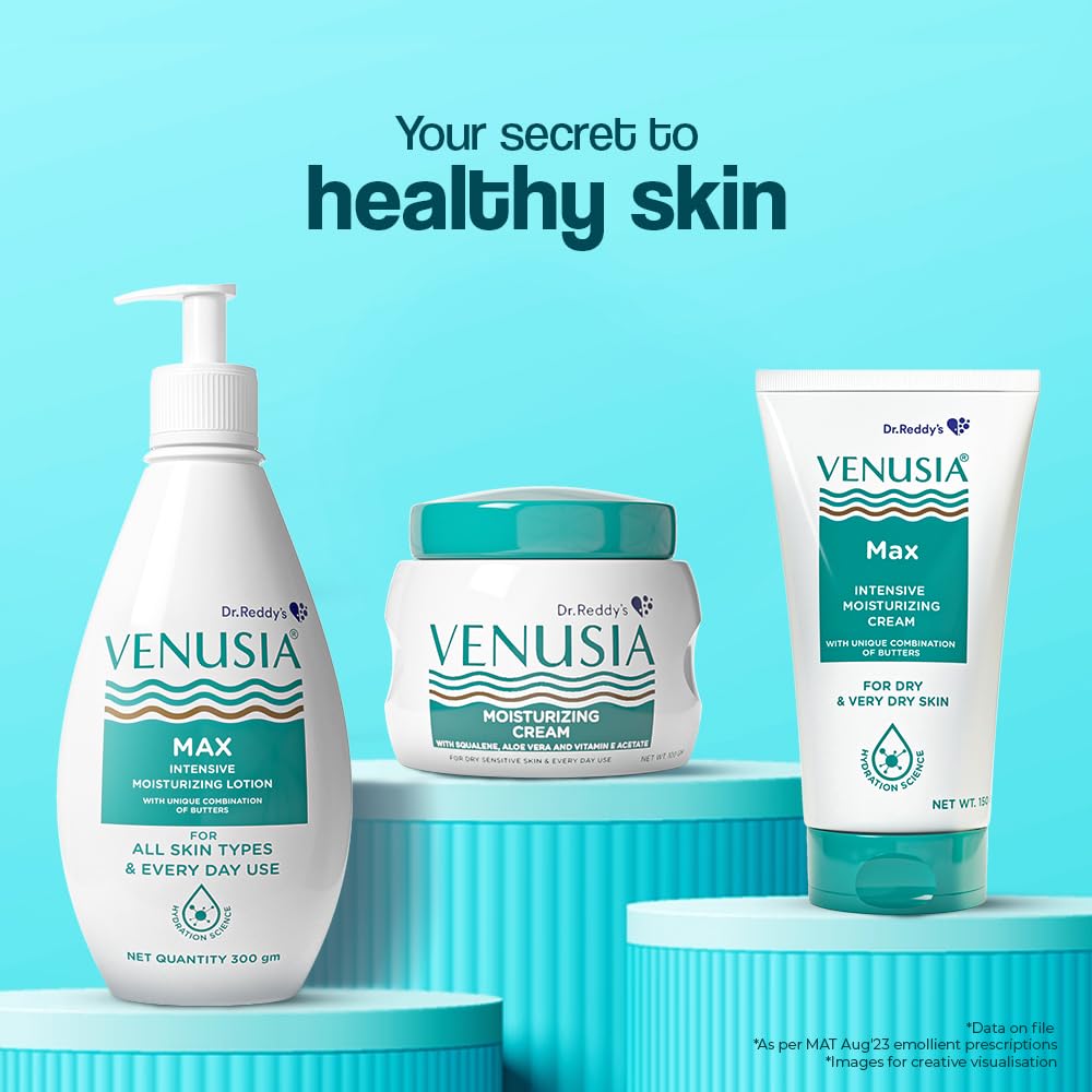 Dr. Reddy's Venusia Max Intensive Moisturizing Lotion | Dermatologist Recommended | Clinically Proven, Long-Lasting Moisturization | For Normal to Very Dry Skin | Cocoa Butter, Shea Butter, Mango Butter and Aloe Butter | 300 g