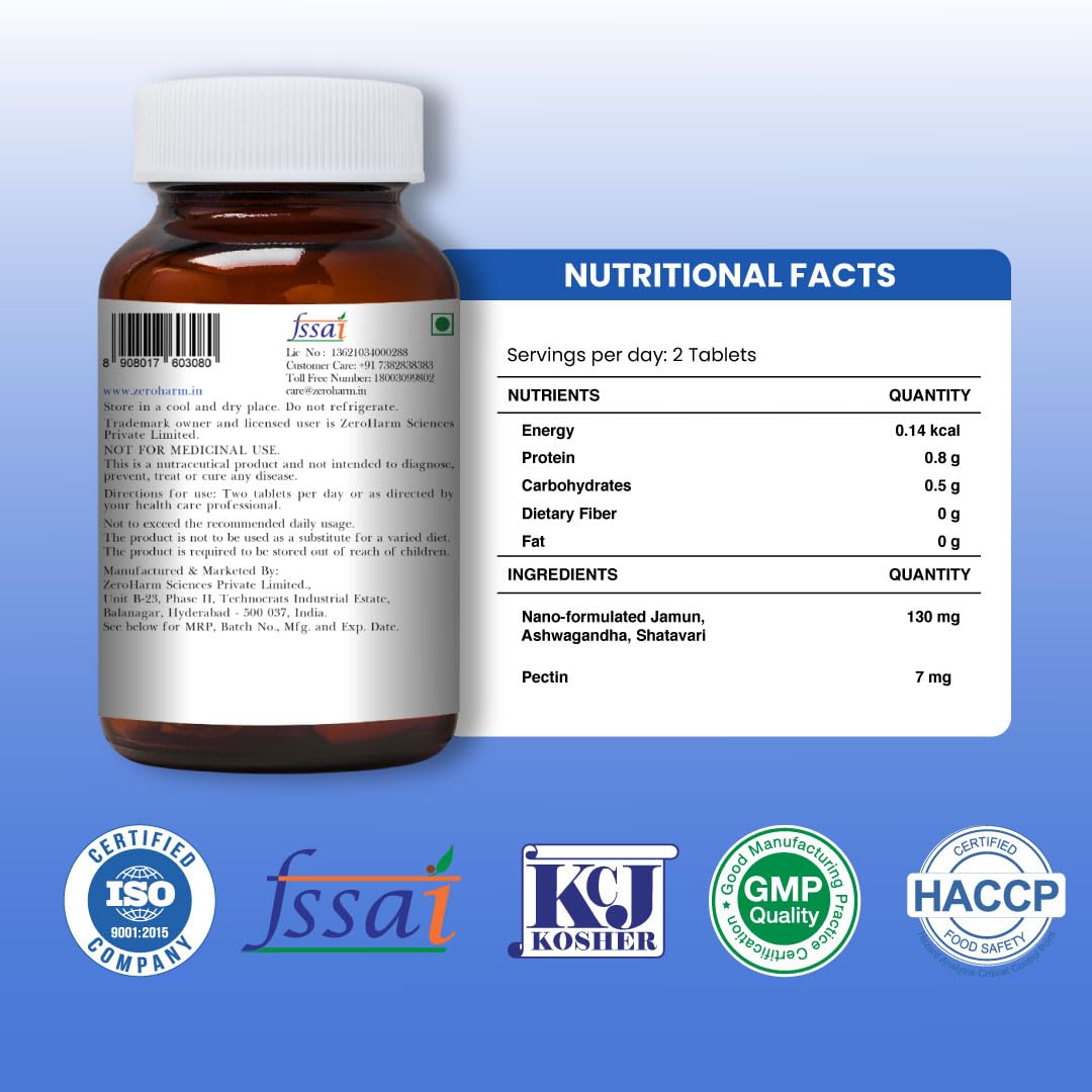 ZEROHARM Holo Diabetis Tablet | Nano Diabetic Care with Jamun, Ashwagandha & Shatavari | Help Manage Blood Sugar | Diabetic & Pre-Diabetis Supplements for Glucose Metabolism | Men & Women | 60 Tablets