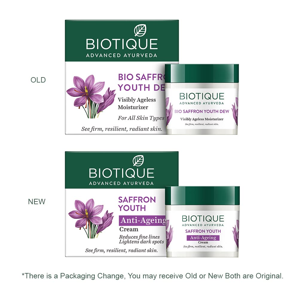 Comparison of Biotique Bio Saffron Youth Dew and Saffron Youth Anti-Ageing Cream packaging on a white background.