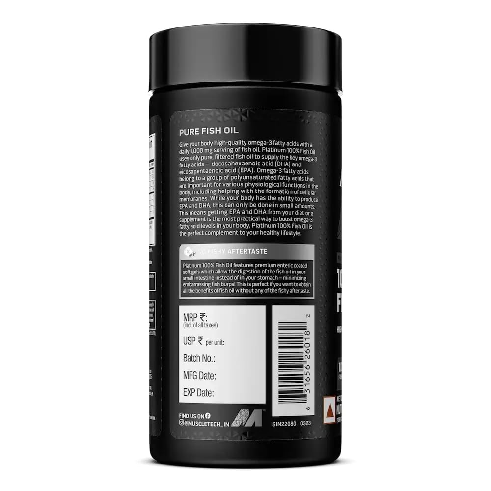 MuscleTech Platinum Fish Oil For Men And Women, 1000Mg Omega 3 With 180 Mg Epa & 120 Mg Dha For Heart, Joints & Brain Health, 100 Softgels, 1 count, 100 servings
