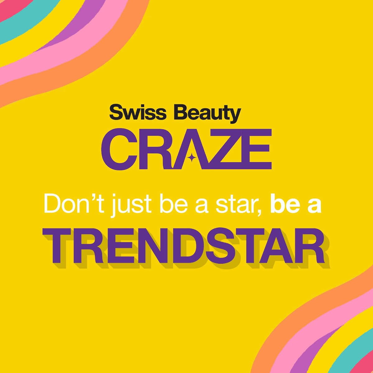 Promotional graphic for Swiss Beauty Craze with colorful design elements on a yellow background.