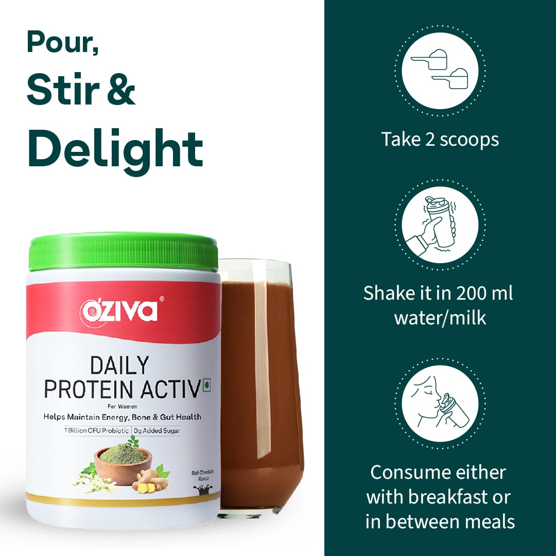 OZiva Daily Protein Activ for Women | Best Protein Powder for Women with 120g Protein, Probiotics, Shatavari for Increased Energy Levels, Bone Health and Hormonal Balance 300g