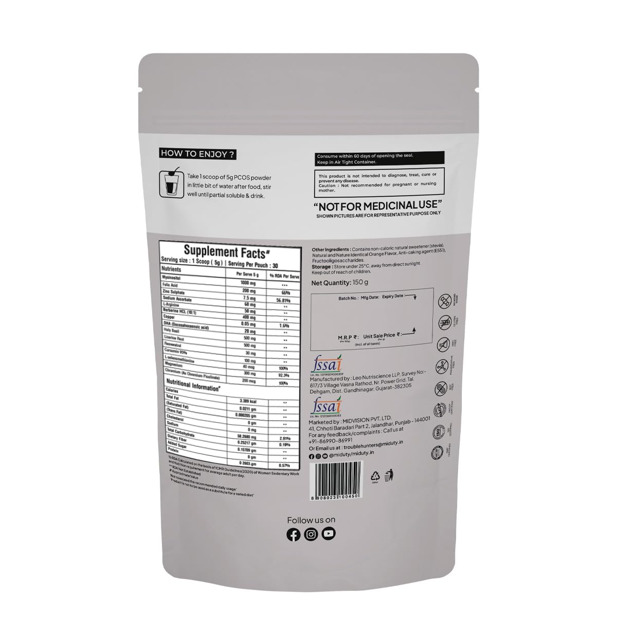 Zephivo Miduty by Palak Notes PCOS Powder Myo Inositol and D Chiro Inositol PCOD, PCOS Women Support, Menstrual Cycle and Irregular Periods - 150g