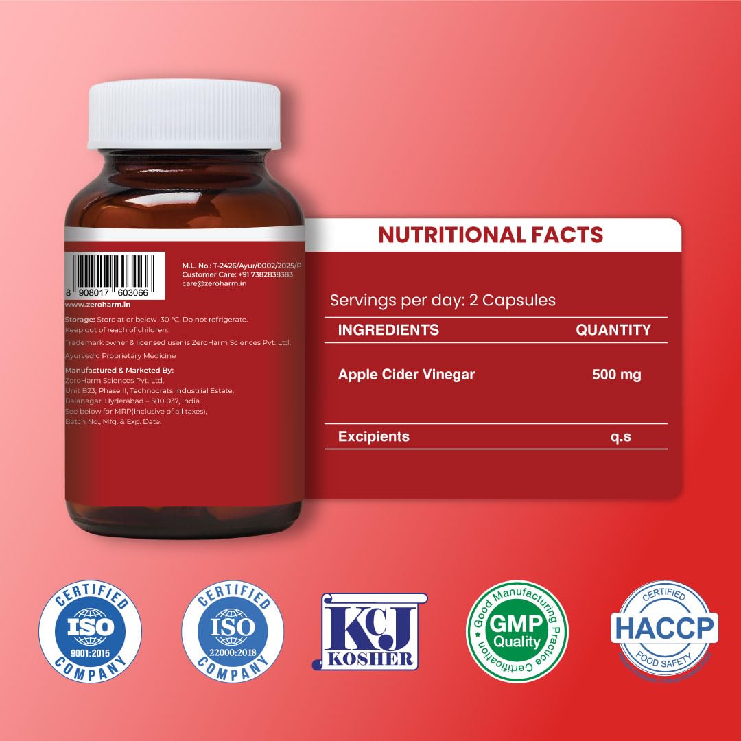 ZEROHARM Nano Apple Cider Vinegar (ACV) 500mg with 20% Acetic Acid | Supports Metabolism, Cravings & Appetite Control | Aids Gut Health, Digestion & Weight Management | Men & Women | 60 Capsules