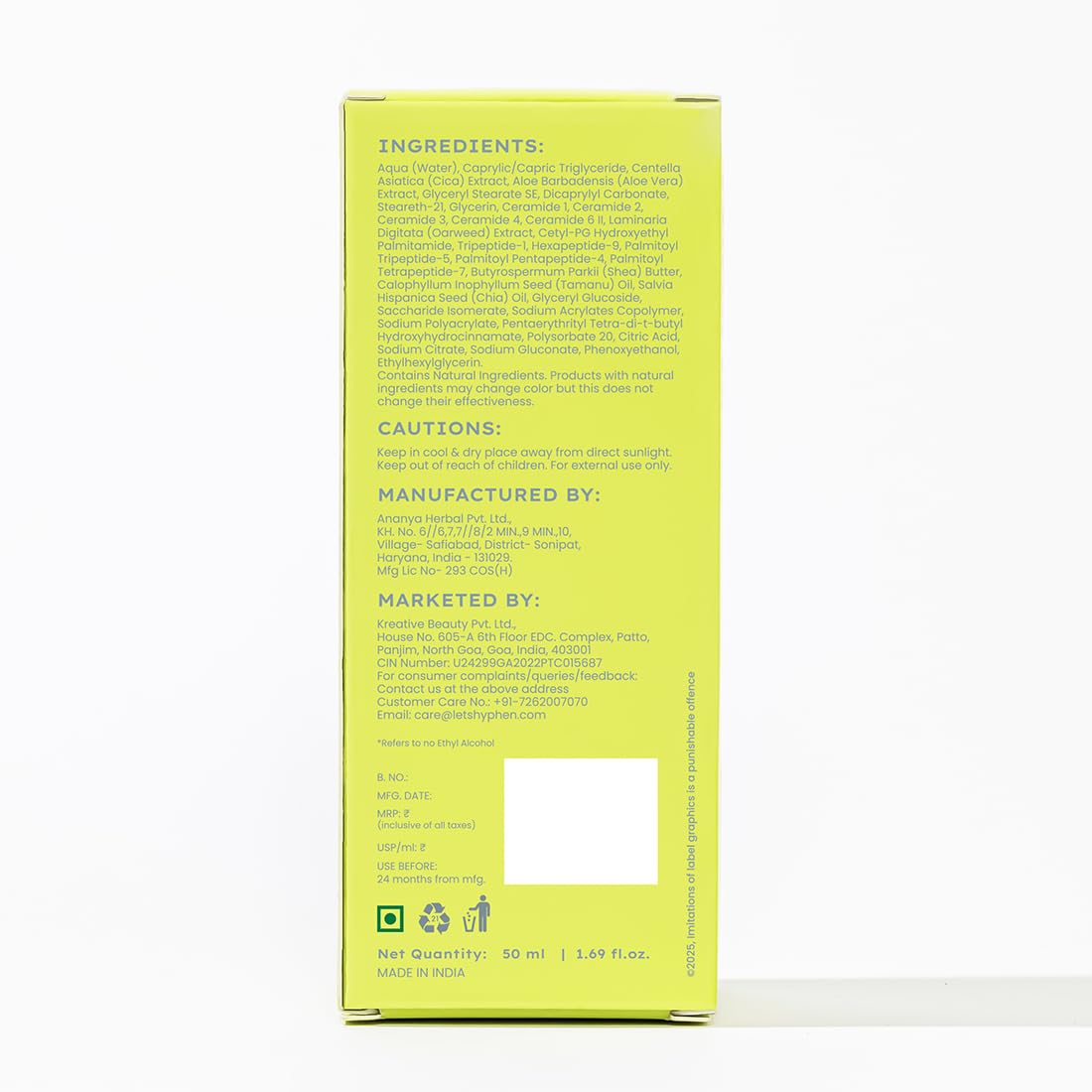 Back view of a green product packaging with text on a white background