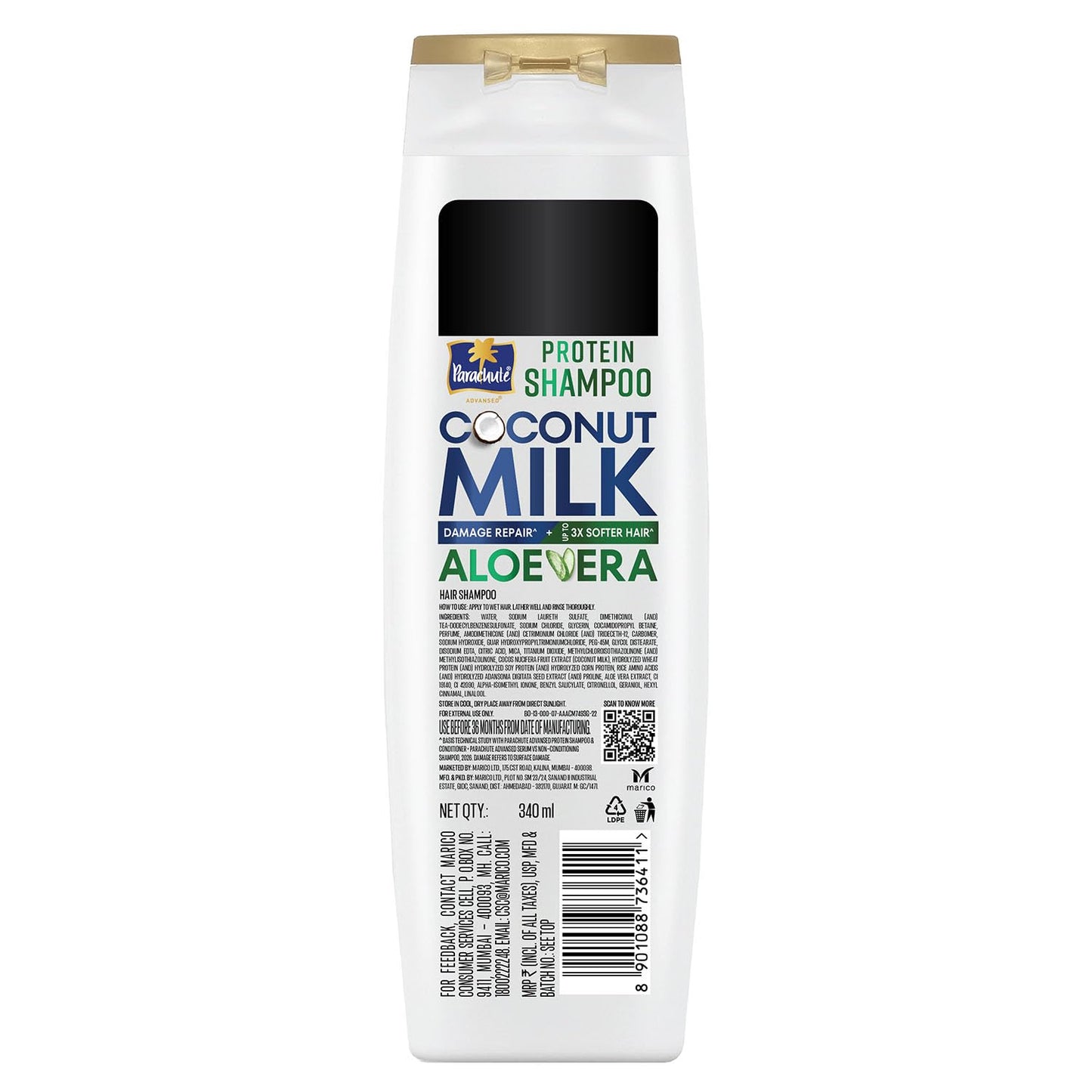 Parachute Advansed Protein Shampoo | with Coconut Milk and Aloe Vera | For up to 100% Damage Repair & up to 3X Softer Hair | Protein Lock Technology | Paraben-Free | For Men & Women | 340ml