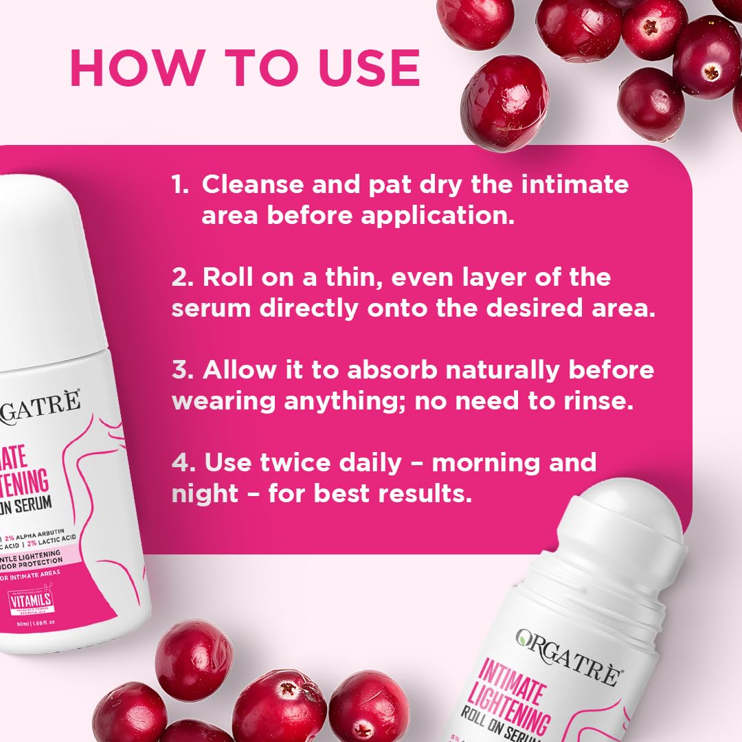 Product packaging with usage instructions and cranberries on a pink background