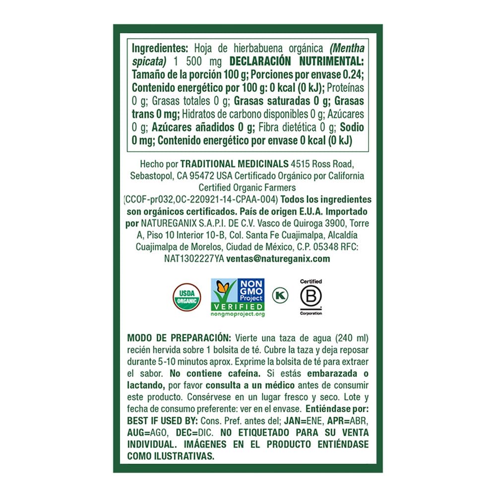 Traditional Medicinals, Organic Spearmint, Caffeine Free, 16 Wrapped Tea Bags, 0.85 oz (24 g)