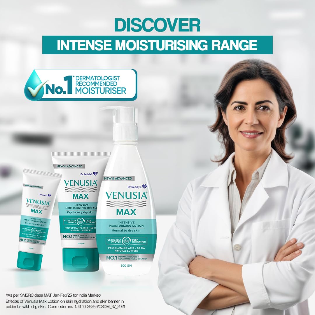 VENUSIA Dr. Reddy's Max Cream | Dermatologist Rec. for Dry to Very Dry Skin | Clinically Proven 24 hrs Moisturization | Paraben Free | Face & Body | Cocoa, Mango & Aloe Butter | 75g