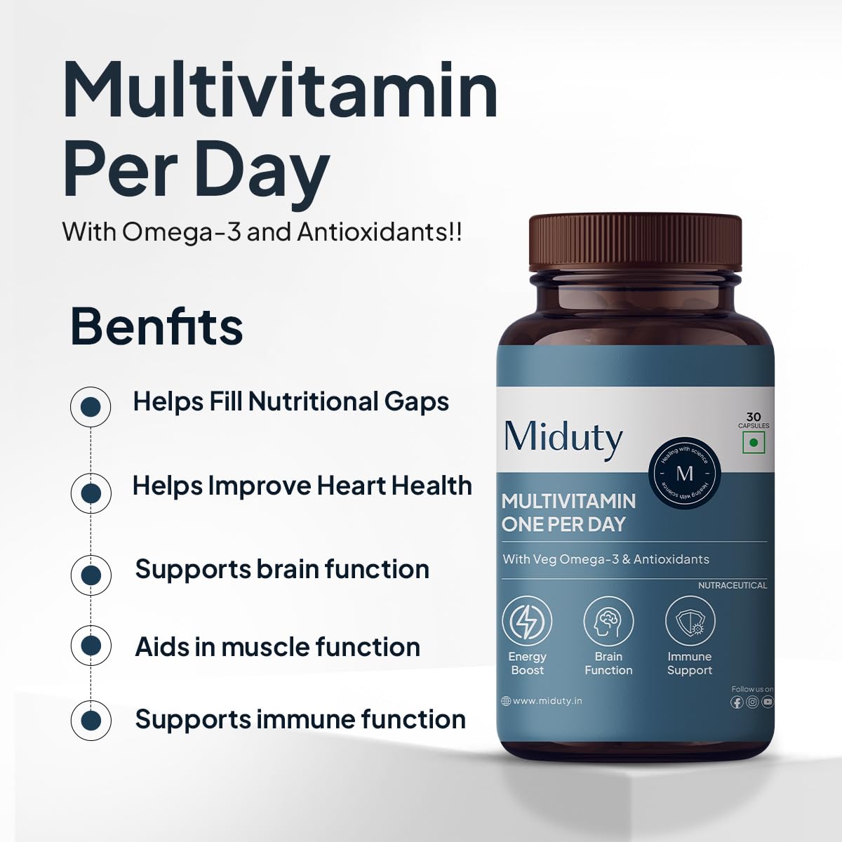 Zephivo Miduty by Palak Notes Multivitamin, Multivitamin with Omega 3 Immunity Booster & Muscle Function Multivitamin for Men & Women, Multivitamin Supplement Multivitamin Pack - 30 Capsule