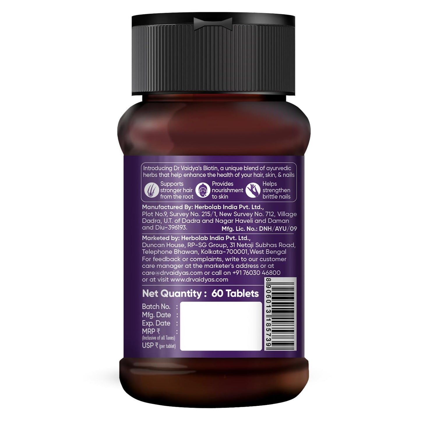 Dr. Vaidya’s Biotin Tablets for Hair Growth | Ayurvedic Hair Vitamins with Amla, Bhringraj & Bamboo Shoot | Natural Biotin Supplements for Hair Regrowth, Thinning Hair, Skin Glow & Stronger Nails (60 Tablets)