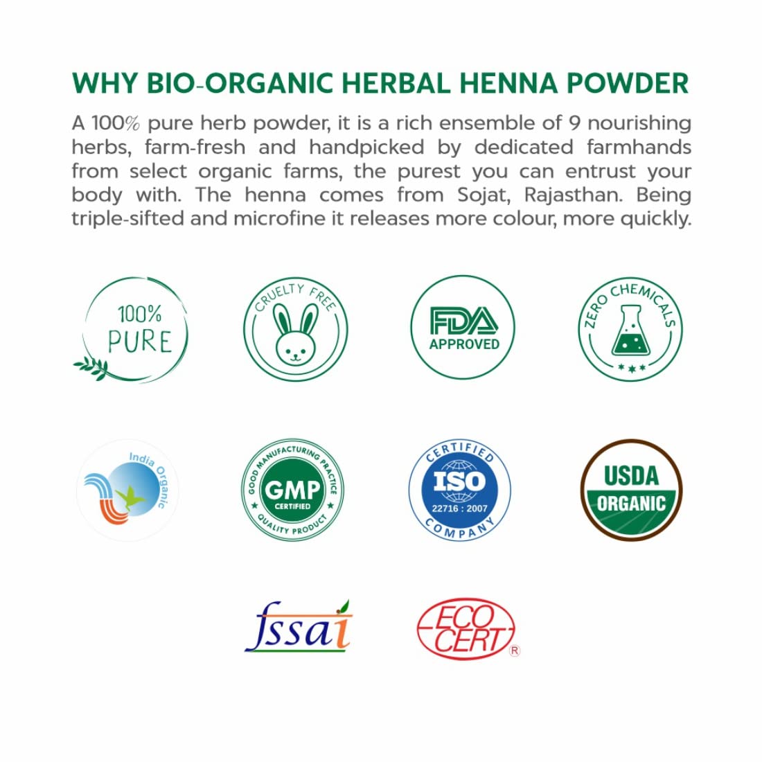 Promotional image for bio-organic herbal henna powder with certification logos on a white background.