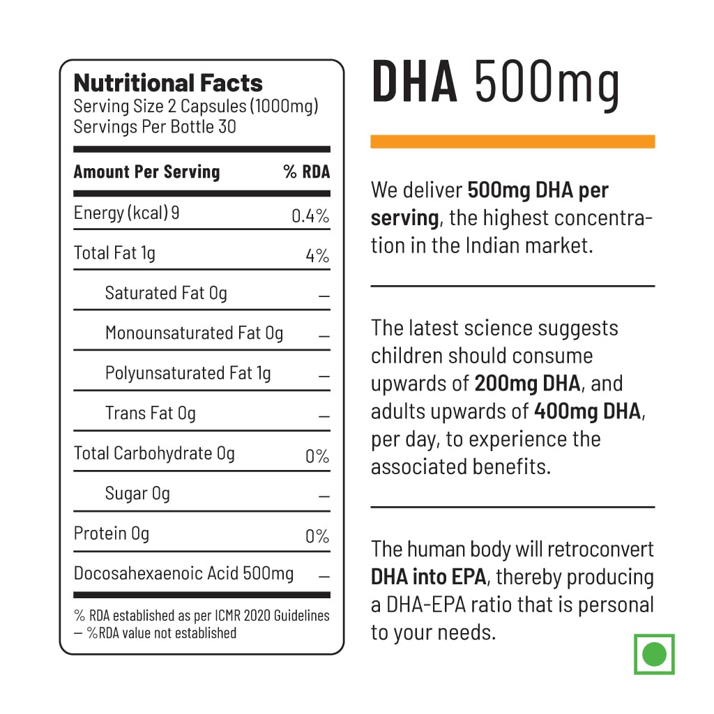 Zephivo Unived Ovegha Vegan Omega-3 DHA | 1000mg Algae Oil 500mg DHA Per Serving (highest DHA/serving) | for Heart, Hair, Skin, Joint, Brain & Eye Health | 60 Vegan Capsules
