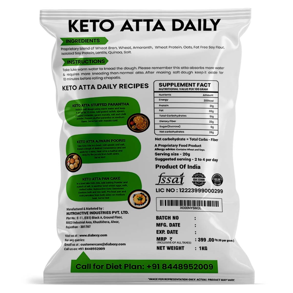 NutroActive Keto Atta Daily | Nuts Free Low Carb | Atta for Weight Loss | High Protein Flour for Weight Management - 1kg