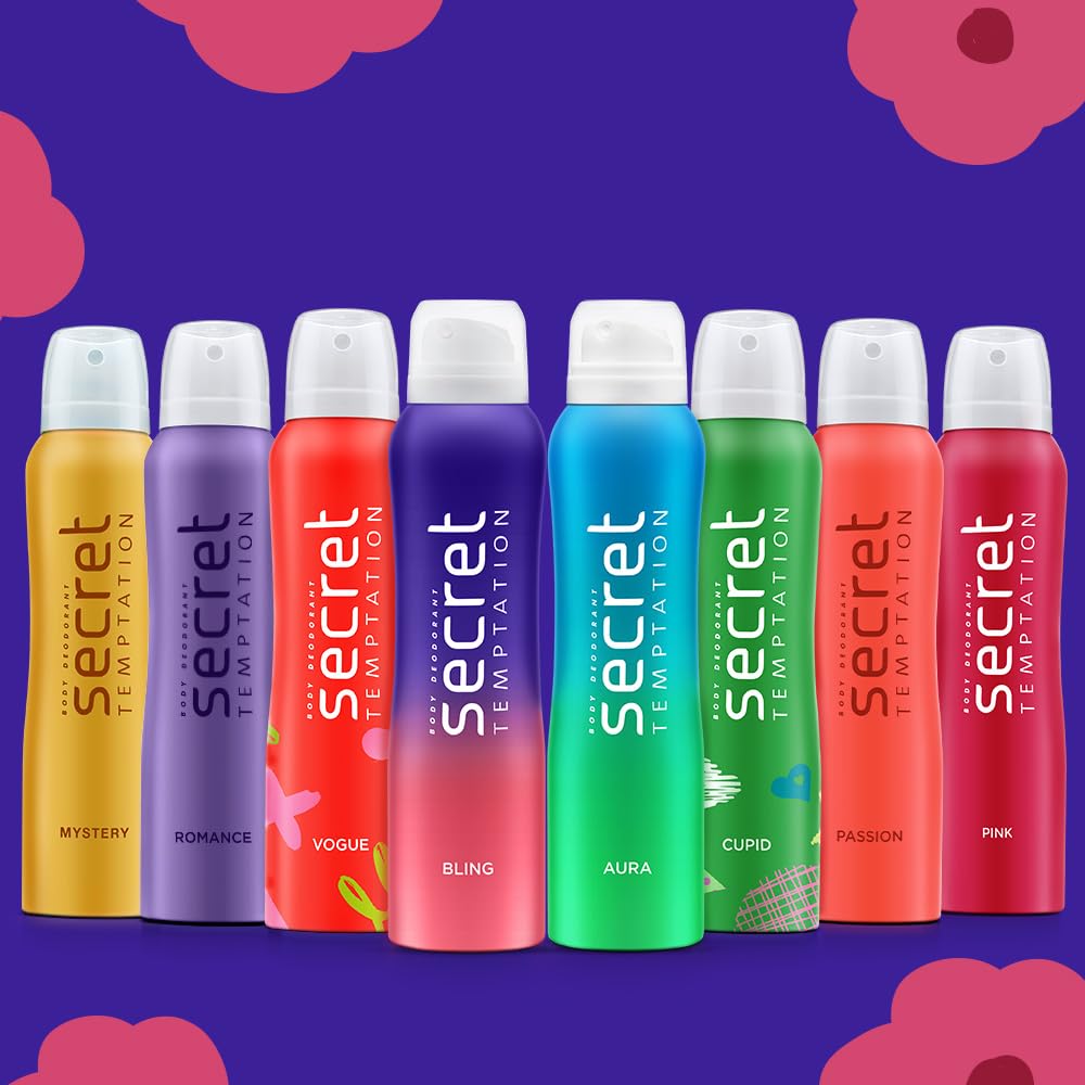 Row of Secret Temptation deodorant bottles in various colors on a purple background with pink floral elements.