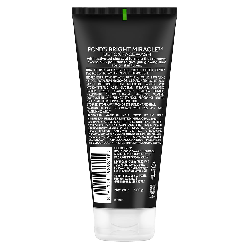 POND'S Pure Detox Face Wash 200 g|| Daily Exfoliating & Brightening Cleanser|| Deep Cleans Oily Skin - With Activated Charcoal for Fresh|| Glowing Skin