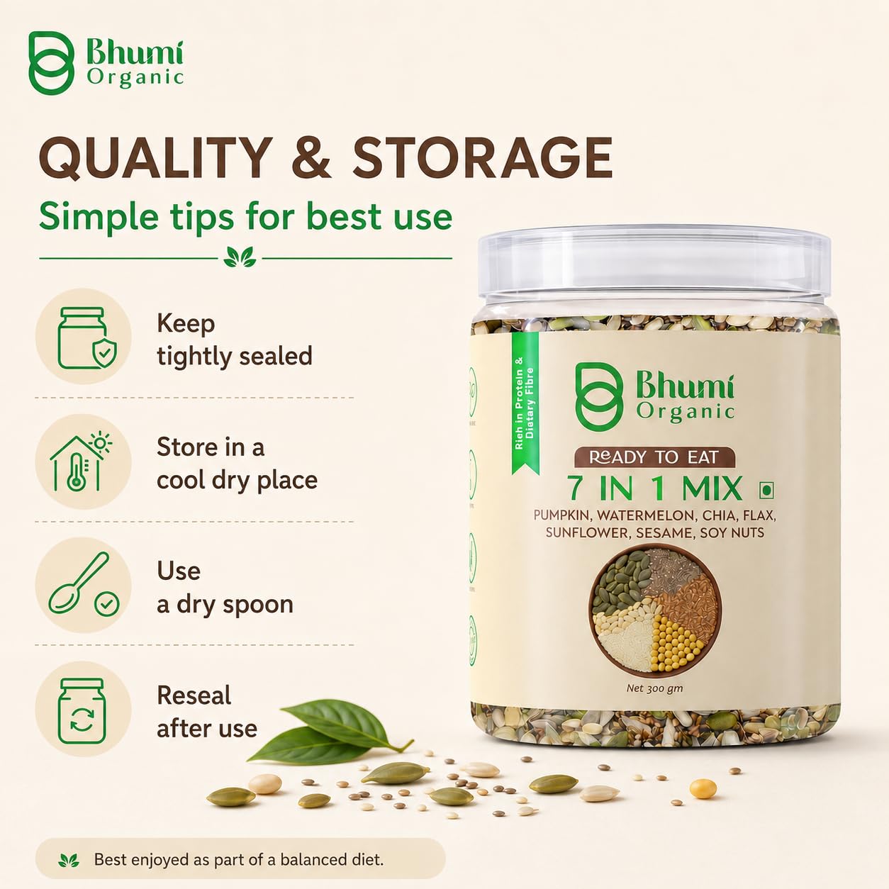 Bhumi Organic 7 in 1 Seeds Mix 300g | Pumpkin, Watermelon, Sunflower, Flax, Chia, Sesame & Soynuts, Edible Seeds, Healthy Diet Snacks, 100% Natural