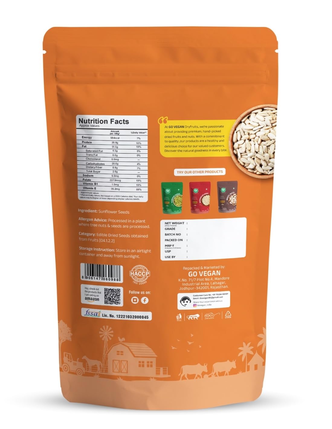 Go Vegan Sunflower Seeds 250g - Raw Seeds for Eating | Healthy Snacks | High in Vitamin, Fibre & Protein | Non - GMO | Diet Food