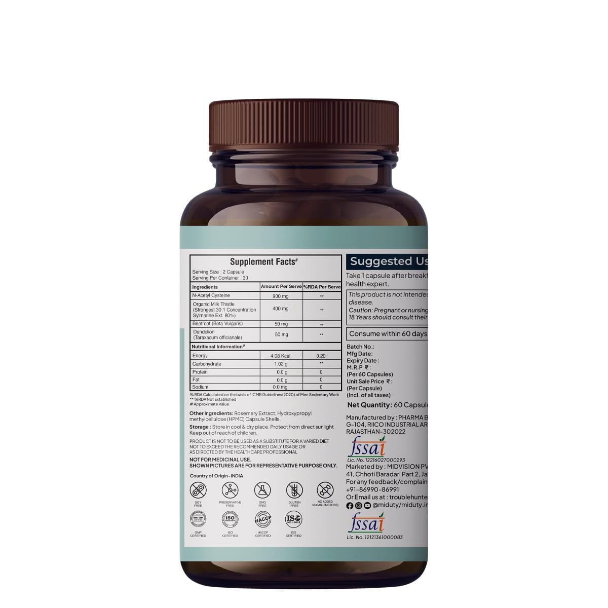 Zephivo Miduty Palak Notes Liver Detox Supplement Milk Thistle Natural Body Detox & Digestive Enzymes- Fit Health Fatty Liver Care - Supports Fatty Liver, Natural Detoxification Formula - 60 Capsules