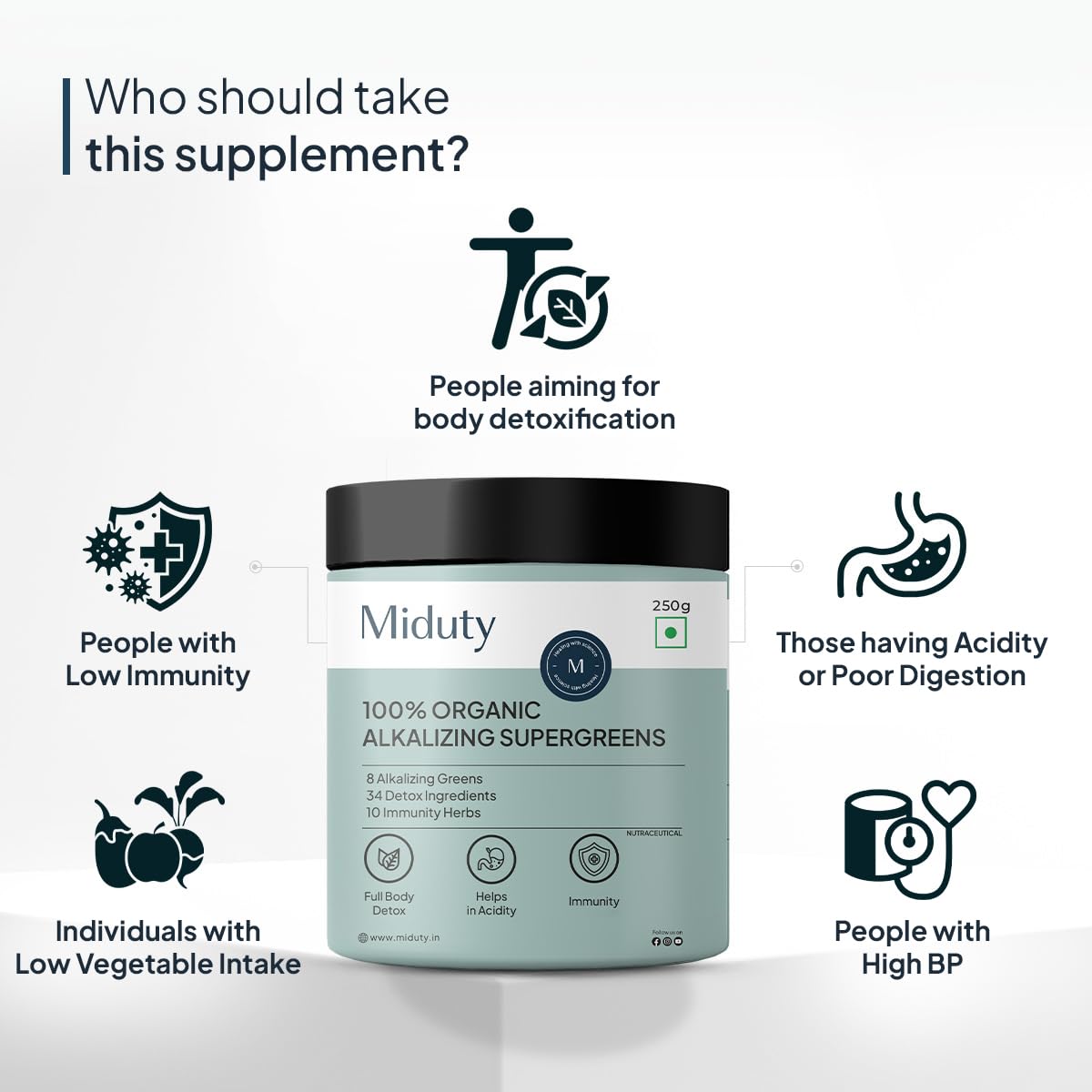 Zephivo Miduty Palak Notes 100% Organic Super Greens Powder Alkalizing with Wheat Grass, Spirulina, Green Tea, and Moringa Leaves - Ultimate Body Detox & Weight Loss Support - 250 grams