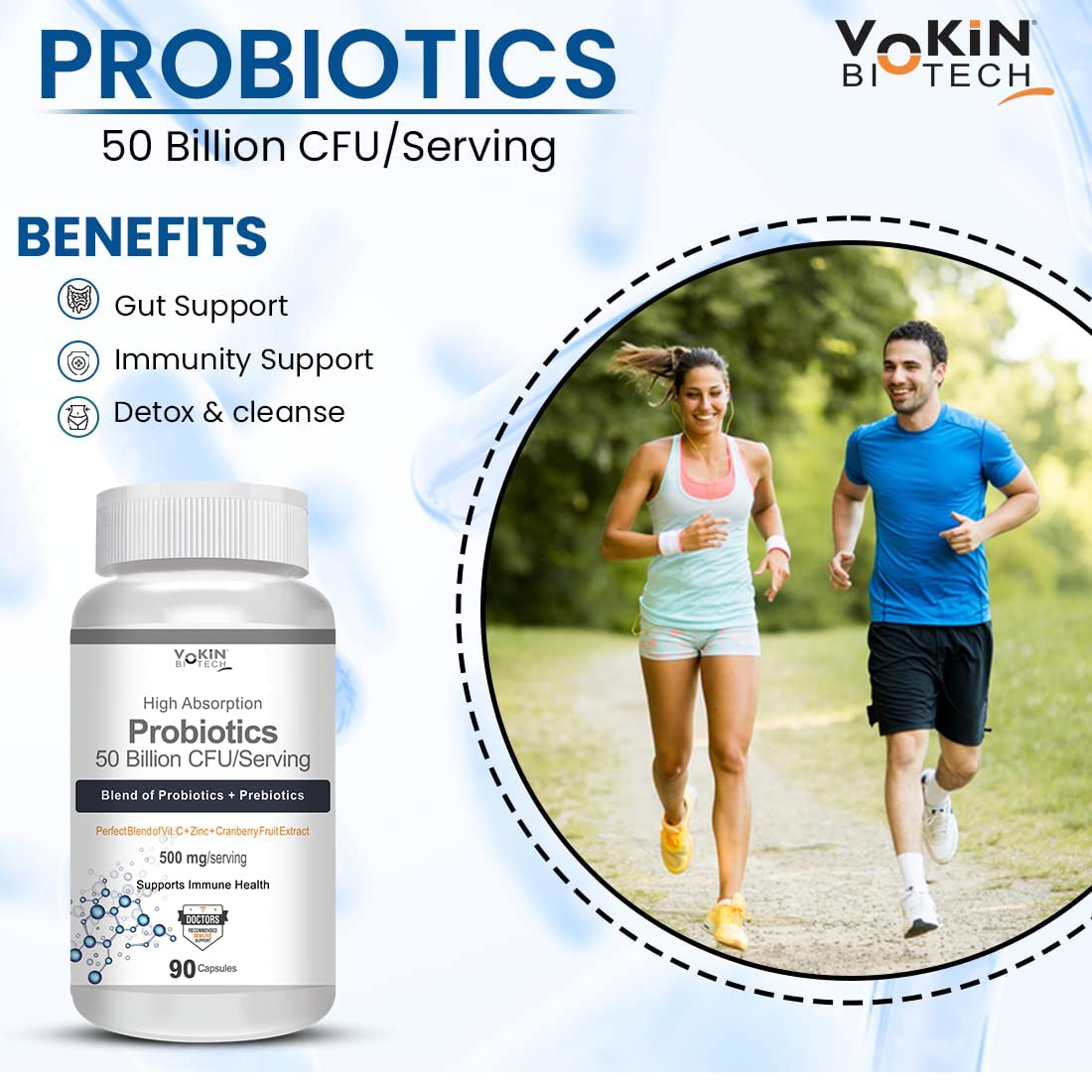 Vokin Biotech probiotics bottle with a couple running outdoors, highlighting benefits like gut support, immunity support, and detox cleanse.