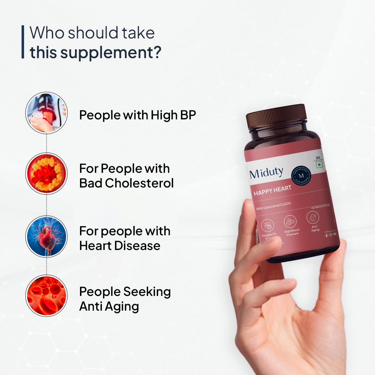Zephivo Miduty by Palak Notes Happy Heart - Liposomal CoQ10 - Heart Health Supplement - Methyl Folate - D-Chiro-Inositol - Blood Pressure Control, Healthy Skin, Heart Health & Kidney Health - 30 Capsules