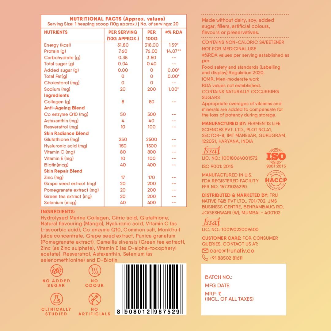 Trunativ Collagen Supplements | Advanced Japanese Marine Collagen Powder for Women & Men | Type 1 and 3 Hydrolyzed Peptides | Supplement with Hyaluronic Acid | Supports Skin Glow, Hair Growth, and Nail Strength | Mango Citrus | 60g (Pack of 1)