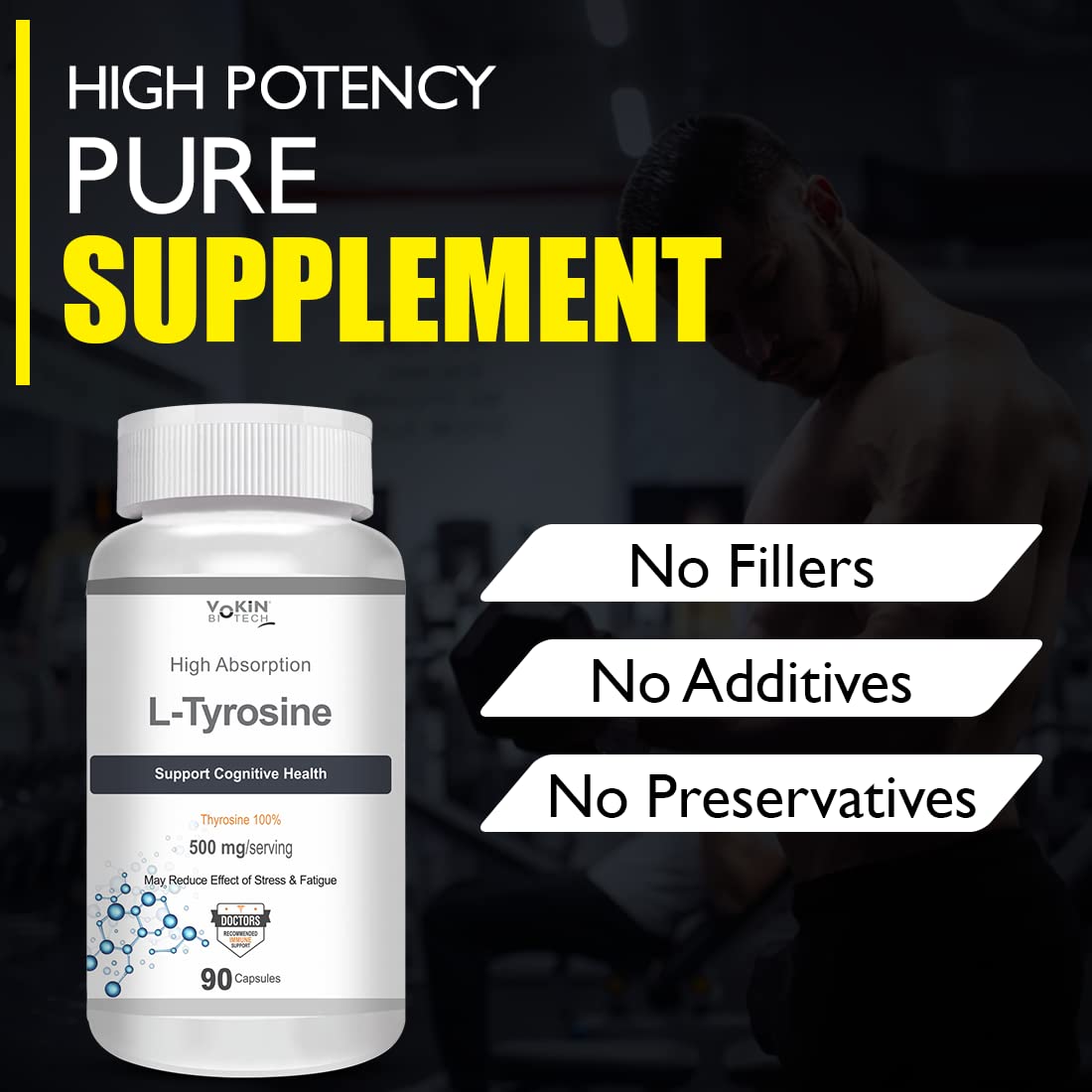 Supplement bottle labeled 'High Potency Pure Supplement' with a blurred background of a person exercising.
