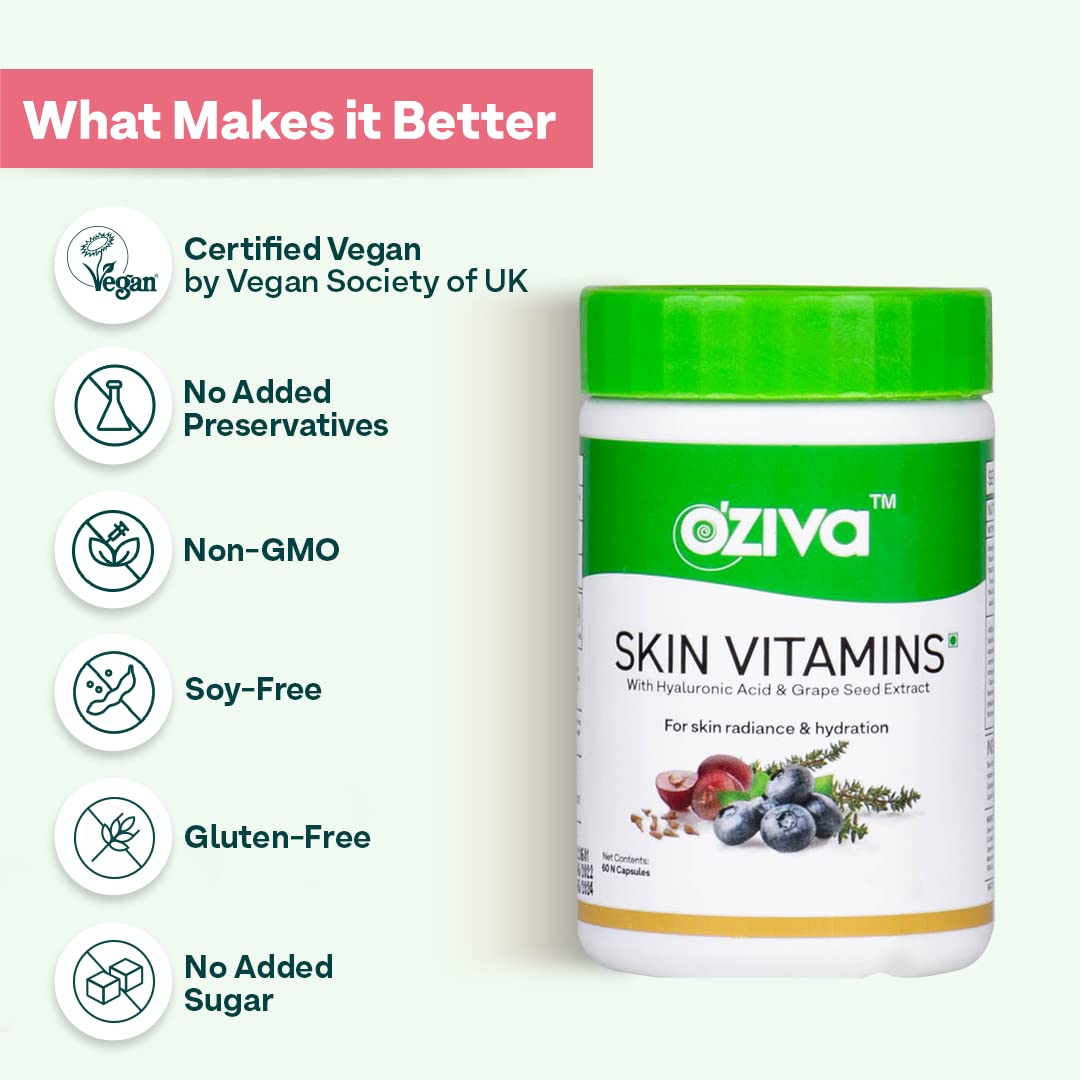 OZiva Skin Vitamins 60 Capsules for Men & Women (with Hyaluronic Acid, Vitamin E & C for Radiant Skin & Hydration, Certified Clean & Vegan, 50 grams