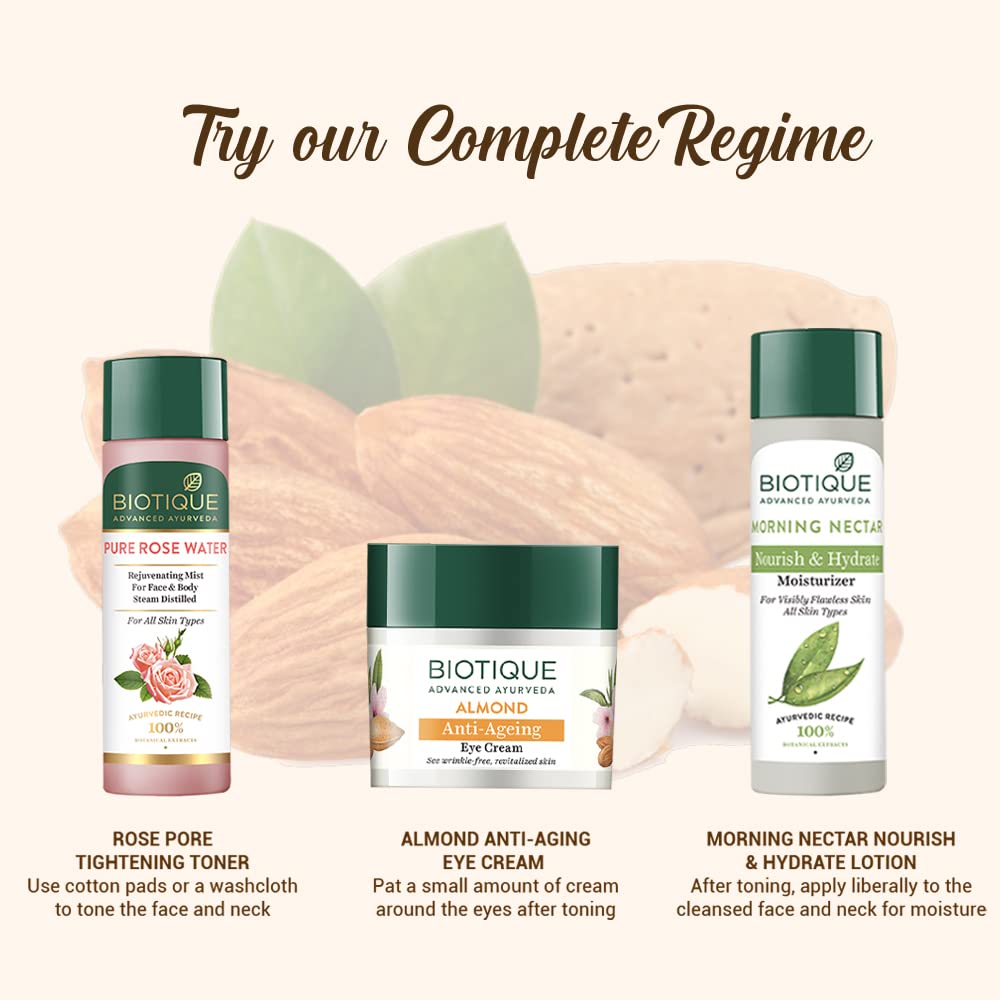 Biotique Almond Anti-Ageing Eye Cream| Ayurvedic and Organically Pure| Under Eye Cream for Dark Circles| Reduces Puffiness and Wrinkles |100% Botanical Extracts| Suitable for All Skin Types | 15gm