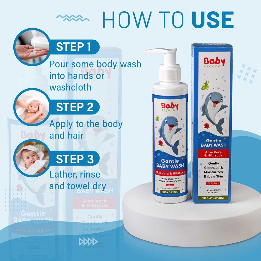 Babyorgano Baby Body Wash 200ml for Kids with Aloe Vera, Hibiscus & Neem, Cleanse Moisturize Head to Toe, All Skin Type, Paraben Free, FDCA Approved