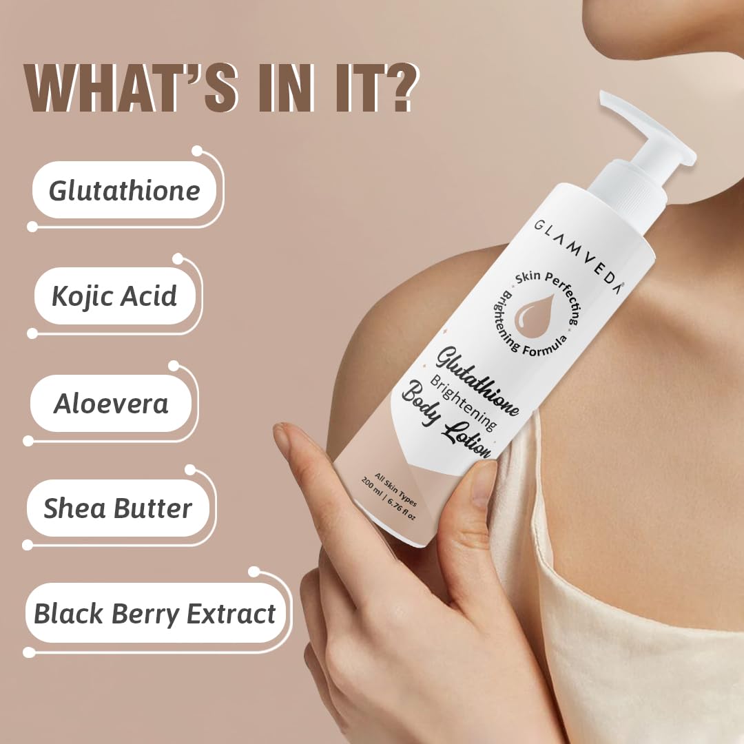 Glamveda Glutathione Body Lotion Moisturizer 200ml | 24hr Deep Moisturization for Dry Skin | Skin Brightening | Non Greasy, Lightweight Hydrating Moisture for Glowing, Repairs & Softens Skin | All Skin Type