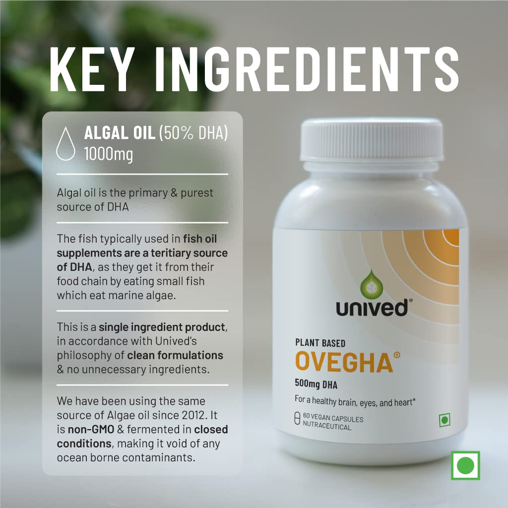 Zephivo Unived Ovegha Vegan Omega-3 DHA | 1000mg Algae Oil 500mg DHA Per Serving (highest DHA/serving) | for Heart, Hair, Skin, Joint, Brain & Eye Health | 60 Vegan Capsules