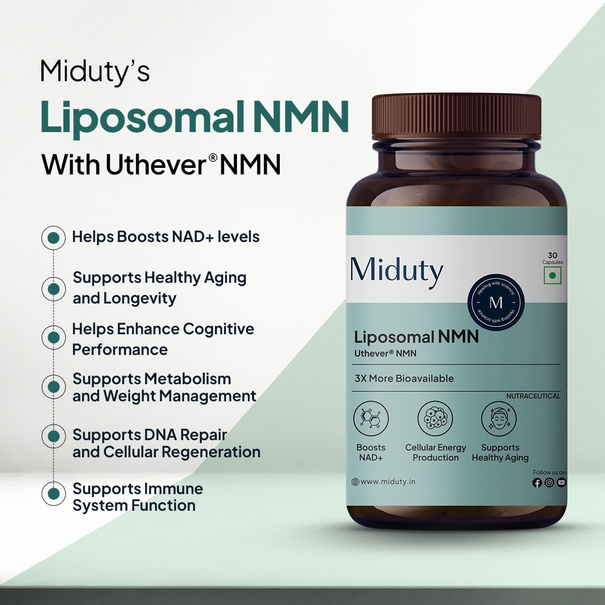 Zephivo Miduty Liposomal NMN Supplement | Increase Energy levels, Metabolism & Longevity | Nicotinamide Mononucleotide for Anti-Aging, NAD+ Support & Cellular Health | NMN Capsules with Resveratrol | 30 Count