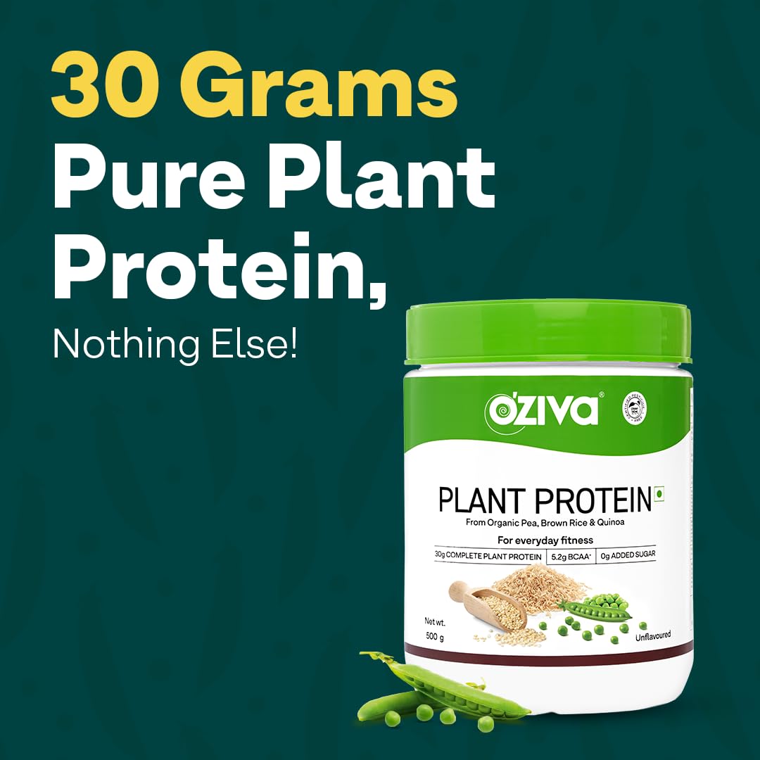 OZiva Plant Protein for Everyday Fitness | 30g Protein - Pea Isolate | Complete Plant Protein Powder | No Added Sugar, Certified Clean & Vegan (Unflavoured, 500g)