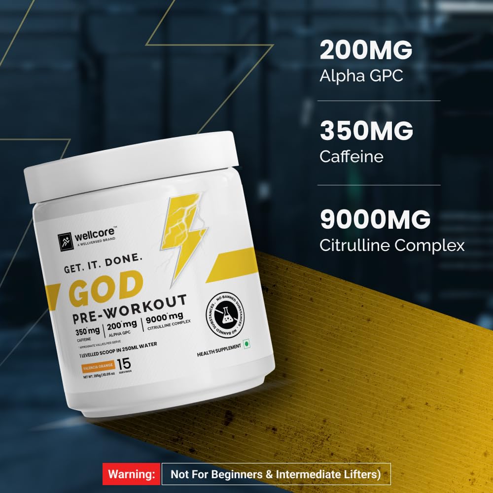 Wellcore - God Mode Pre Workout Supplement (285g Powder, 15 Servings) | Valencia Orange | Only For Serious Lifters | Pre Workout For Men And Women With Caffeine & Creatine