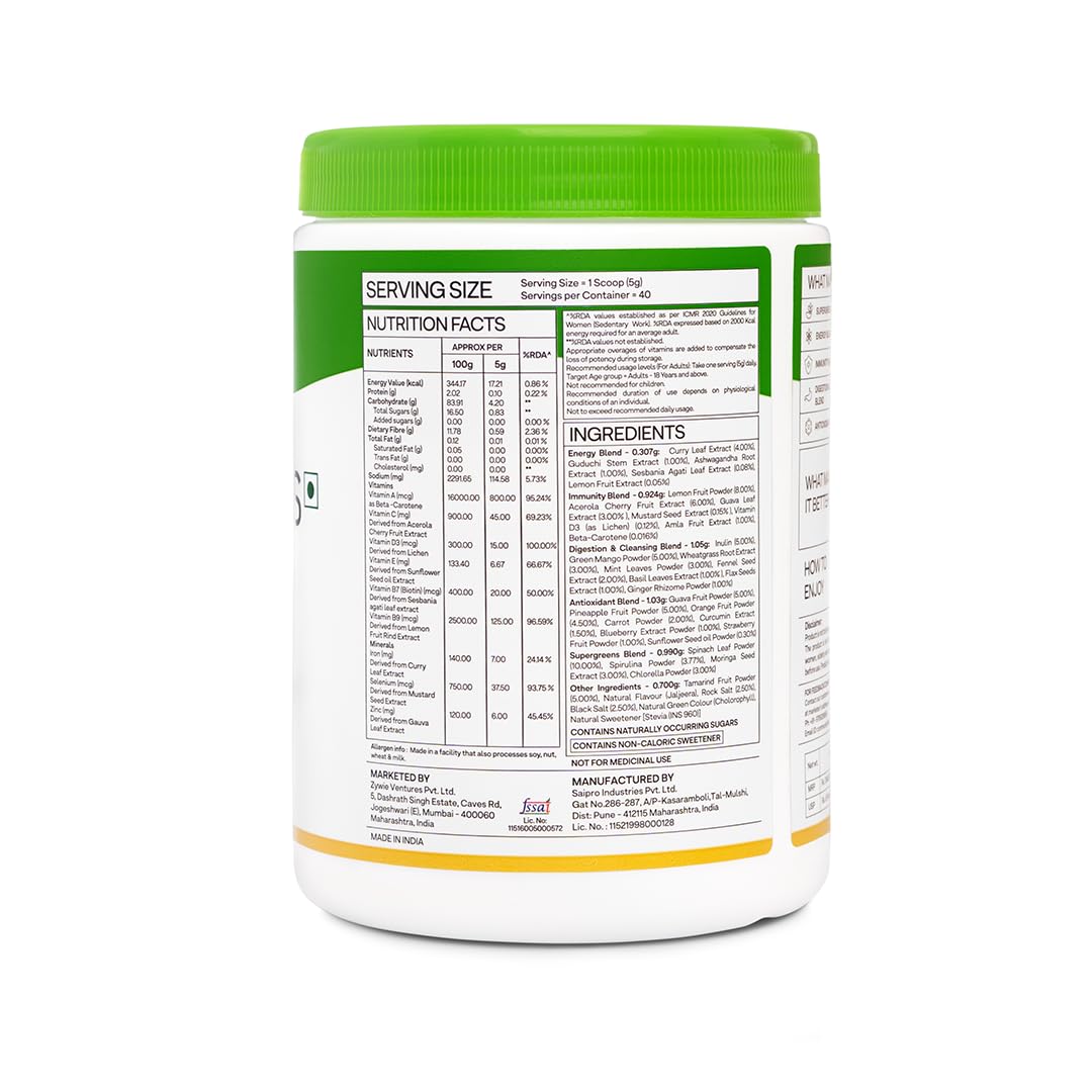 OZiva Superfood Greens & Herbs for Acne Control, Skin Health & Digestion | Daily Greens and 35+ Superfoods, Herbs, Chlorella & Moringa, 200 g